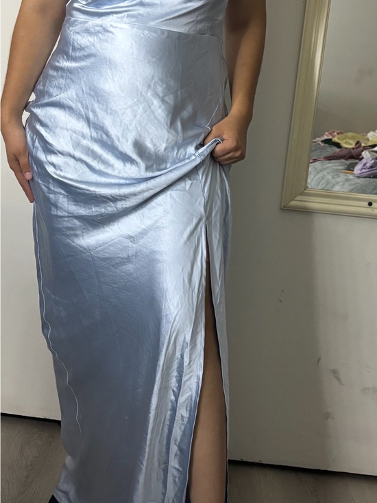 Selfie Leslie Dresses & Skirts - Selfie Leslie Silver Satin Maxi Dress with Thigh Slit